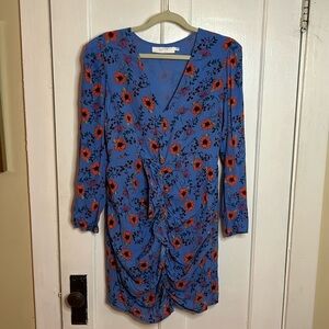 ASTR The Label V Neck Ruched Ruffle Front Long Sleeve Floral Mini Dress